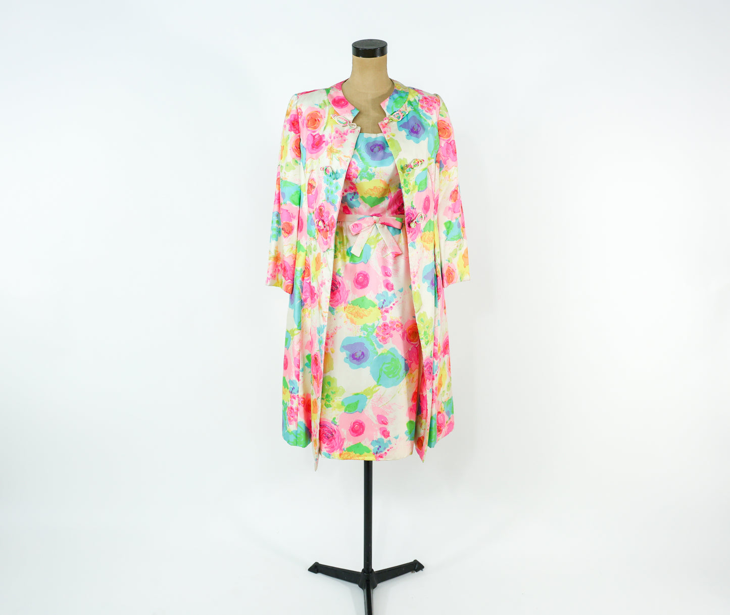 1960s Malcolm Starr Colorful Print Dress & Coat Set Ensemble, Extra Small