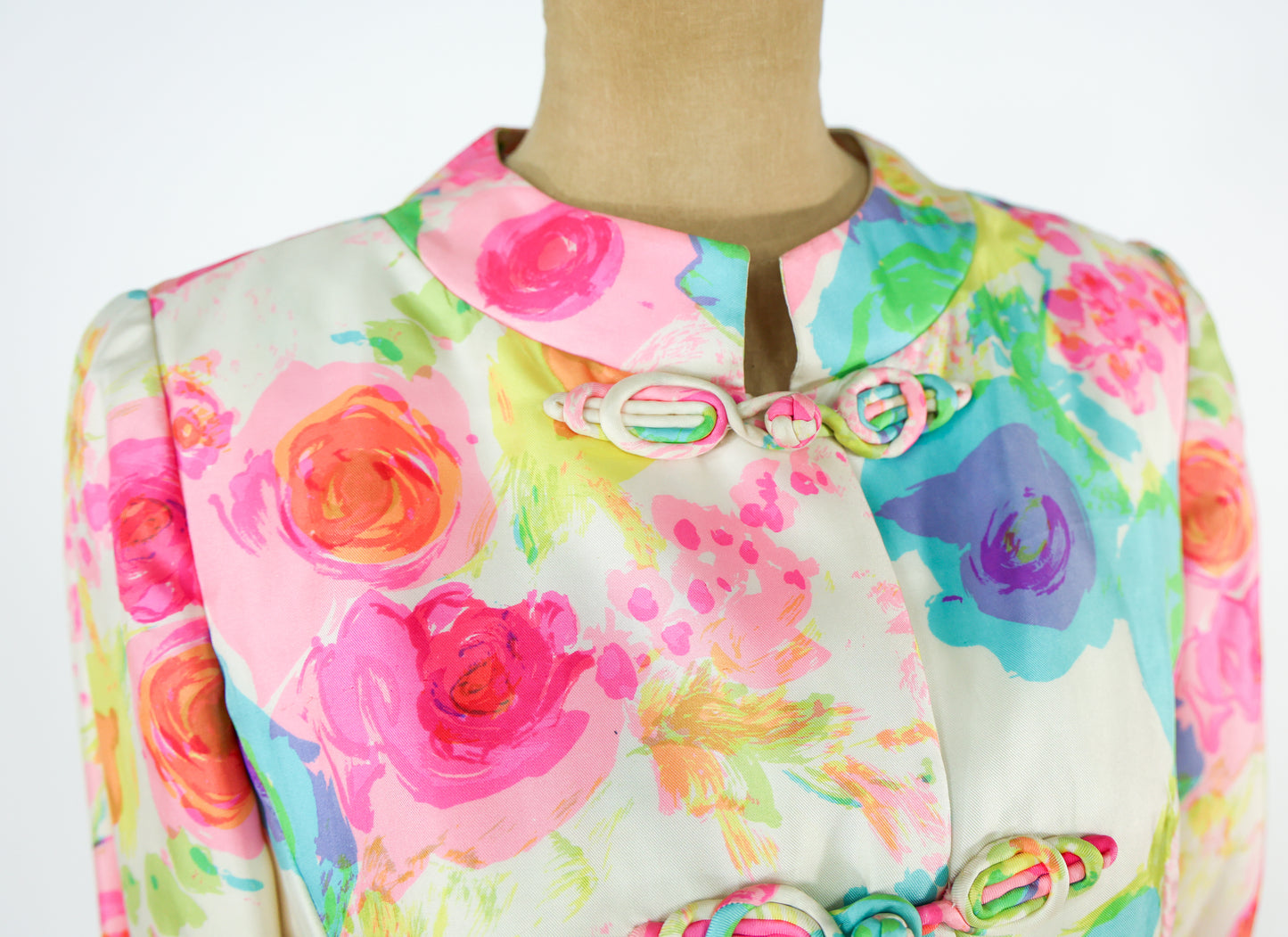 1960s Malcolm Starr Colorful Print Dress & Coat Set Ensemble, Extra Small