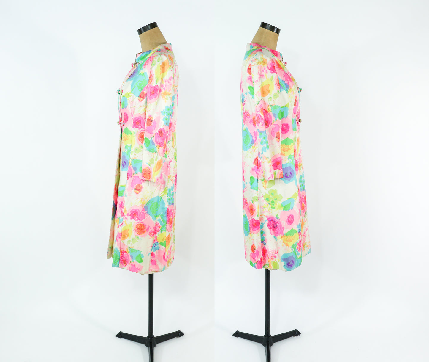 1960s Malcolm Starr Colorful Print Dress & Coat Set Ensemble, Extra Small