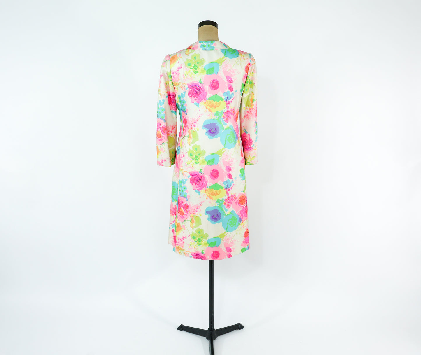 1960s Malcolm Starr Colorful Print Dress & Coat Set Ensemble, Extra Small