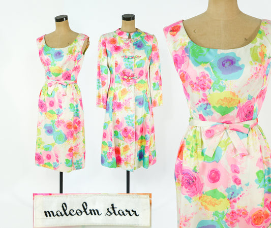 1960s Malcolm Starr Colorful Print Dress & Coat Set Ensemble, Extra Small
