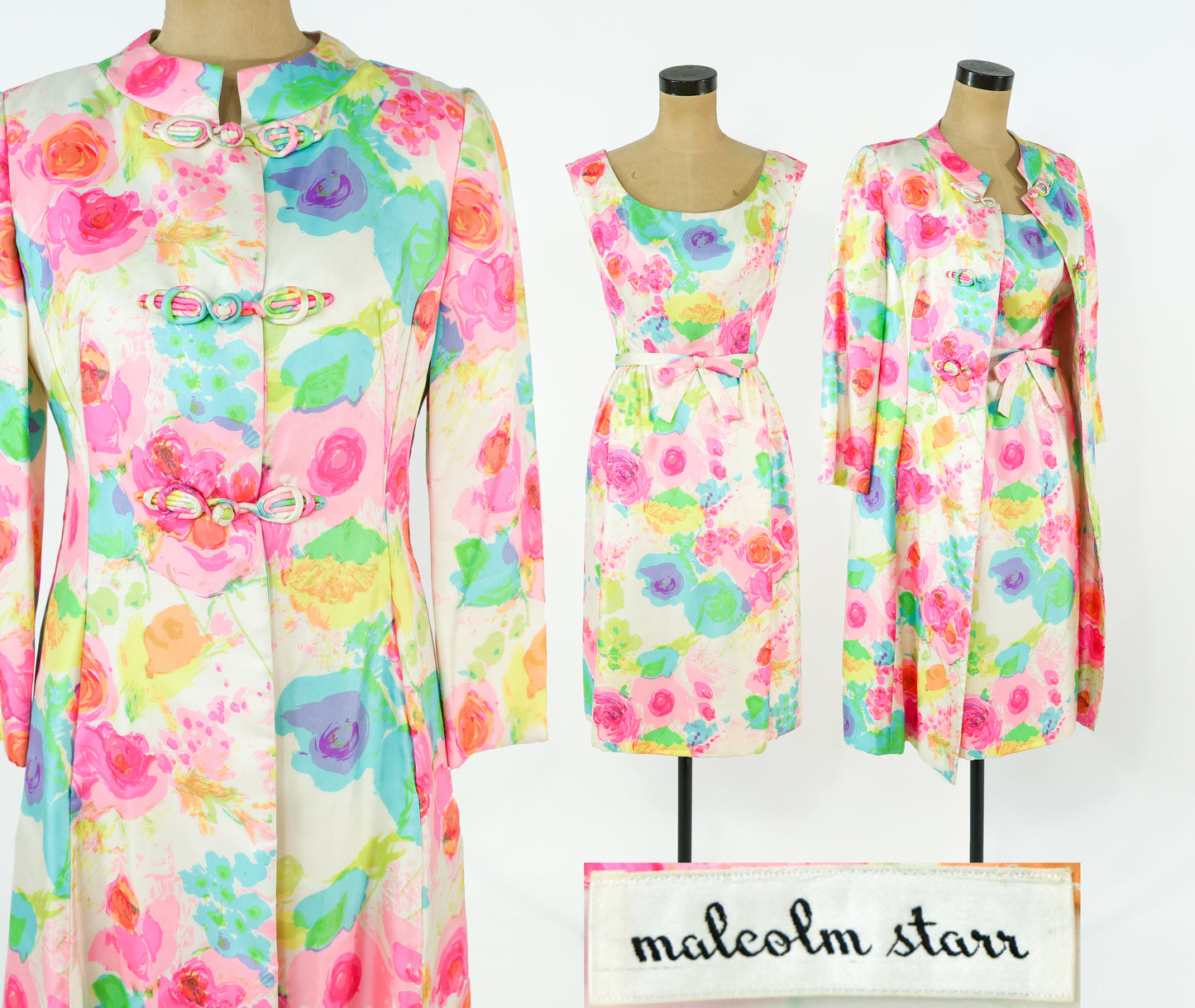 1960s Malcolm Starr Colorful Print Dress & Coat Set Ensemble, Extra Small