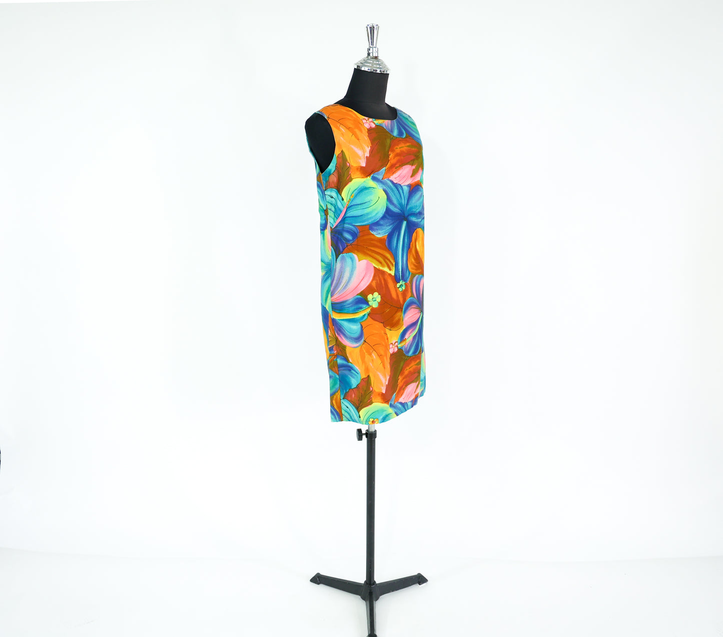 1960s Blue Print Cotton Shift Dress, Small, Hawaiian Hibiscus Print Mini Dress