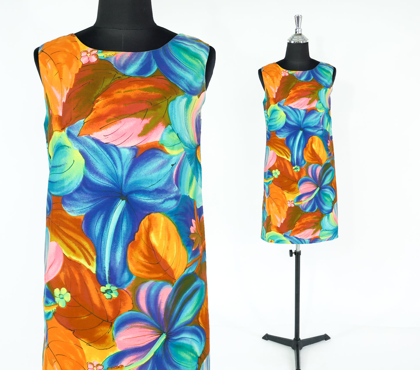 1960s Blue Print Cotton Shift Dress, Small, Hawaiian Hibiscus Print Mini Dress