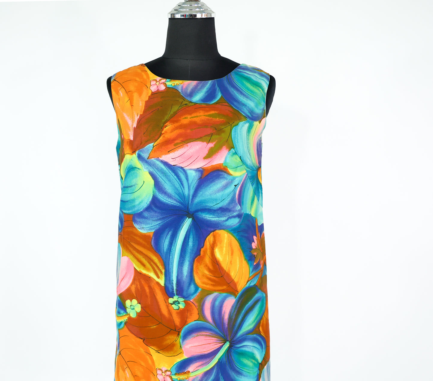 1960s Blue Print Cotton Shift Dress, Small, Hawaiian Hibiscus Print Mini Dress