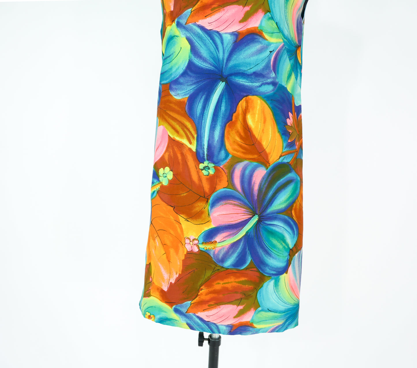 1960s Blue Print Cotton Shift Dress, Small, Hawaiian Hibiscus Print Mini Dress