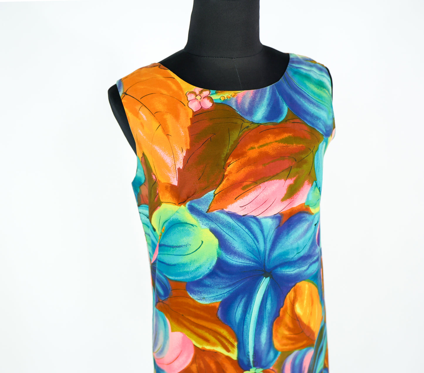 1960s Blue Print Cotton Shift Dress, Small, Hawaiian Hibiscus Print Mini Dress