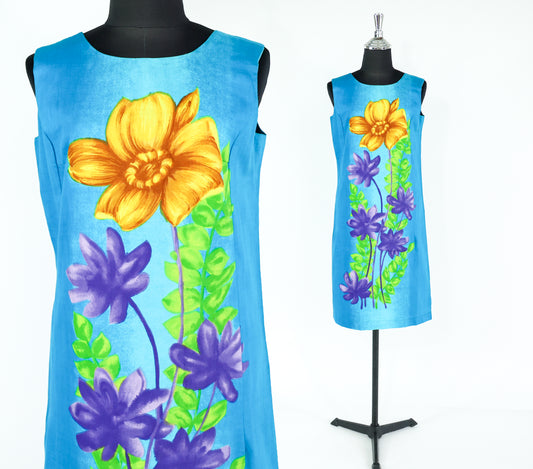 1960s Blue Print Cotton Shift Dress, Medium