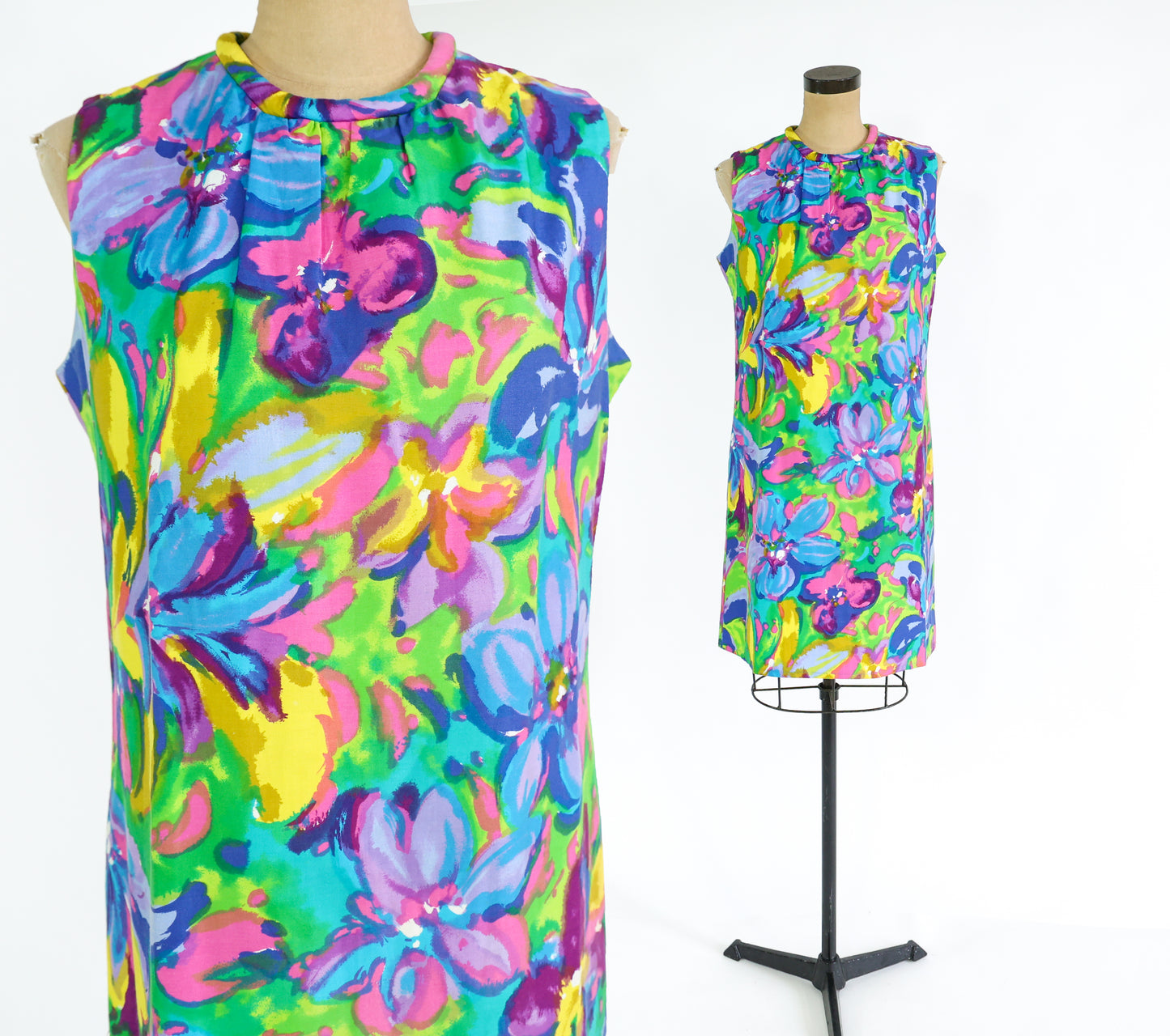 1960s Blue Print Cotton Shift Dress, Medium