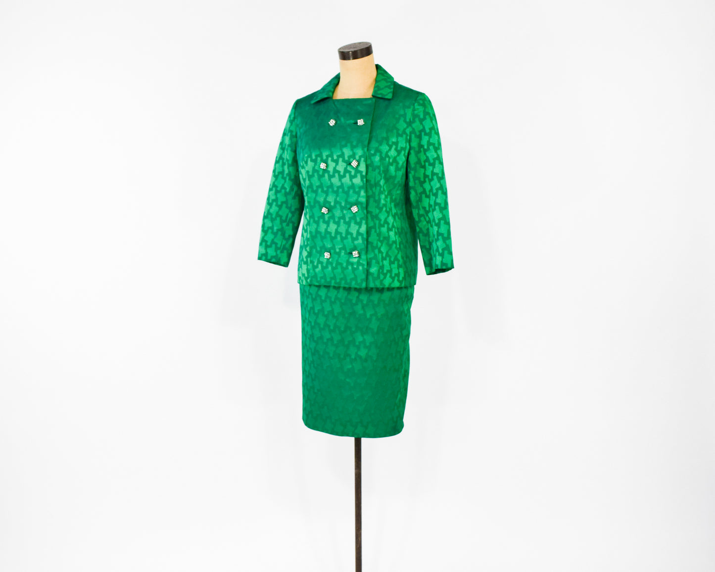 1960s Green Silk Top Jacket & Skirt Suit Set