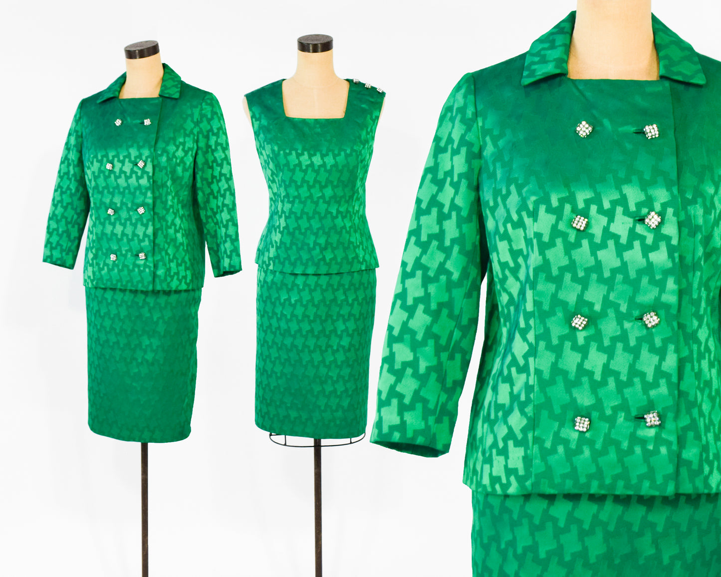 1960s Green Silk Top Jacket & Skirt Suit Set