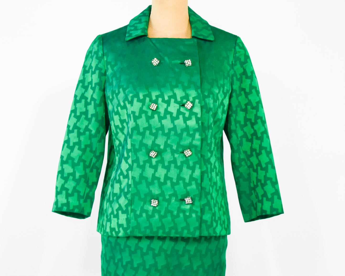 1960s Green Silk Top Jacket & Skirt Suit Set