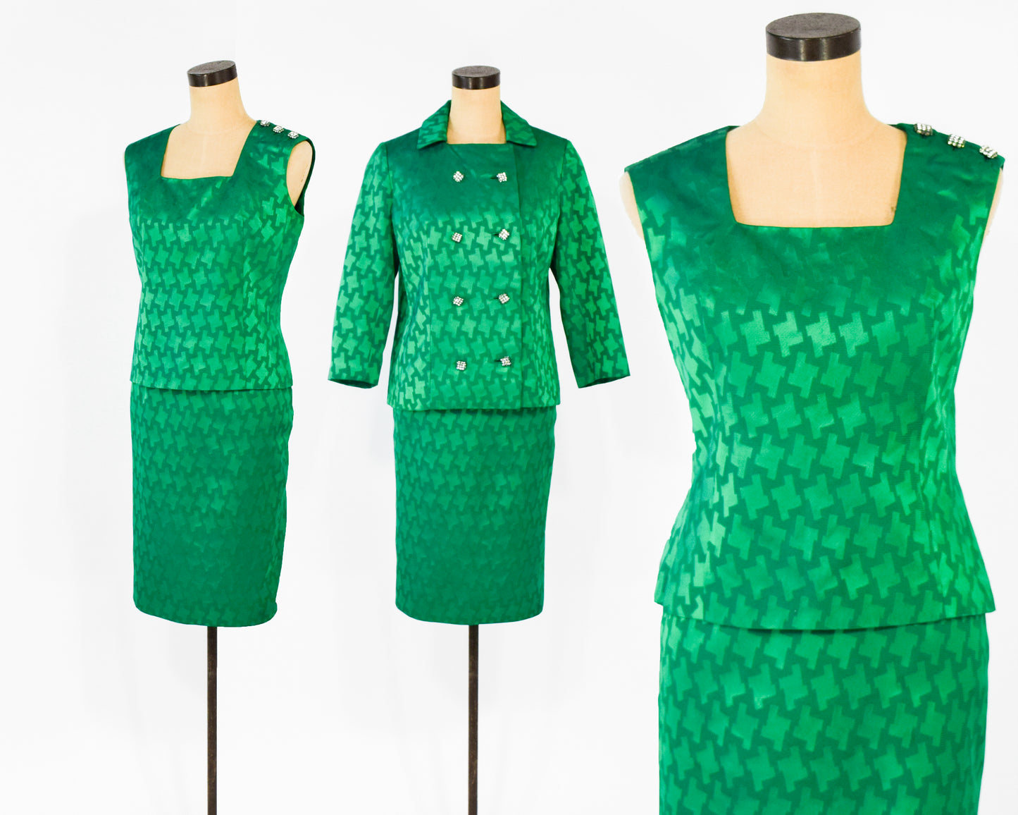 1960s Green Silk Top Jacket & Skirt Suit Set