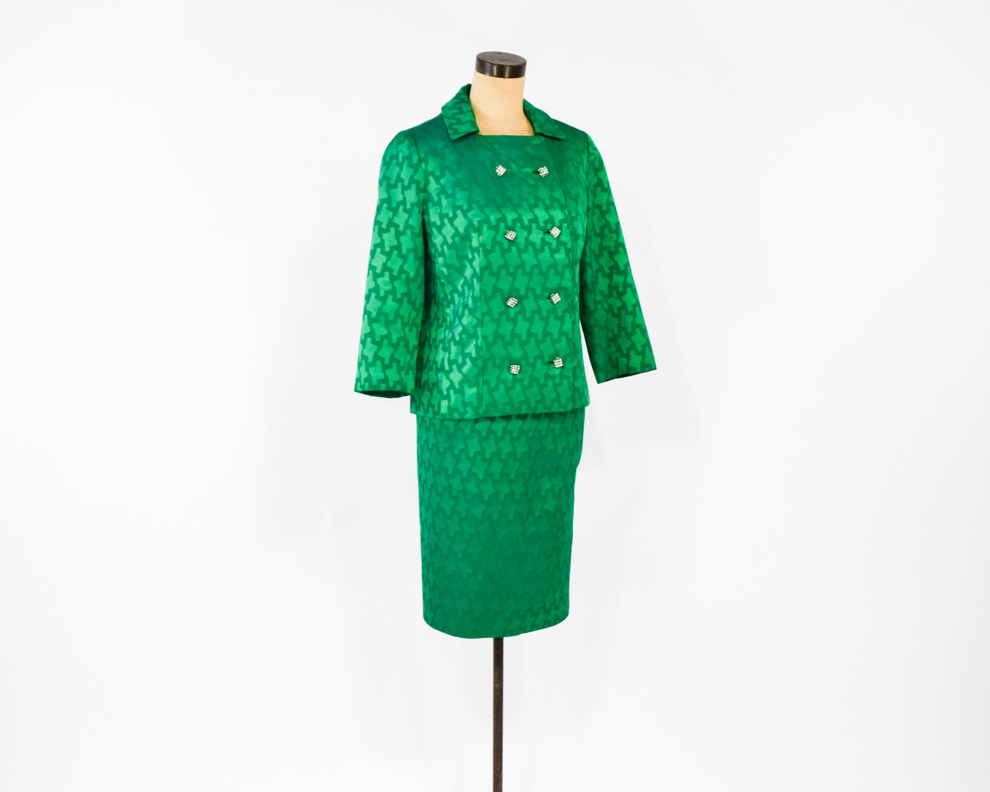 1960s Green Silk Top Jacket & Skirt Suit Set