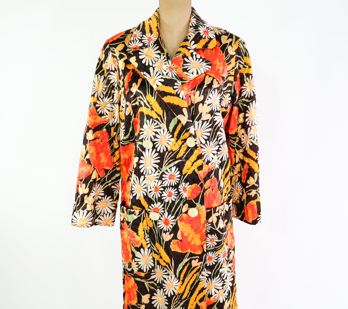 1960s Orange Floral Quilted Robe, Medium