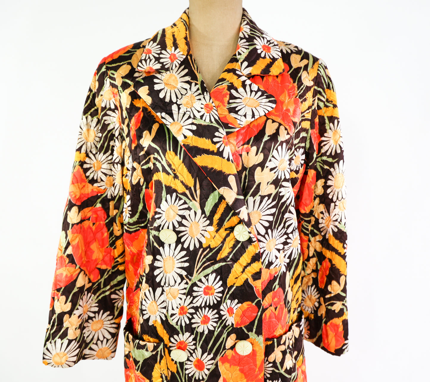 1960s Orange Floral Quilted Robe, Medium