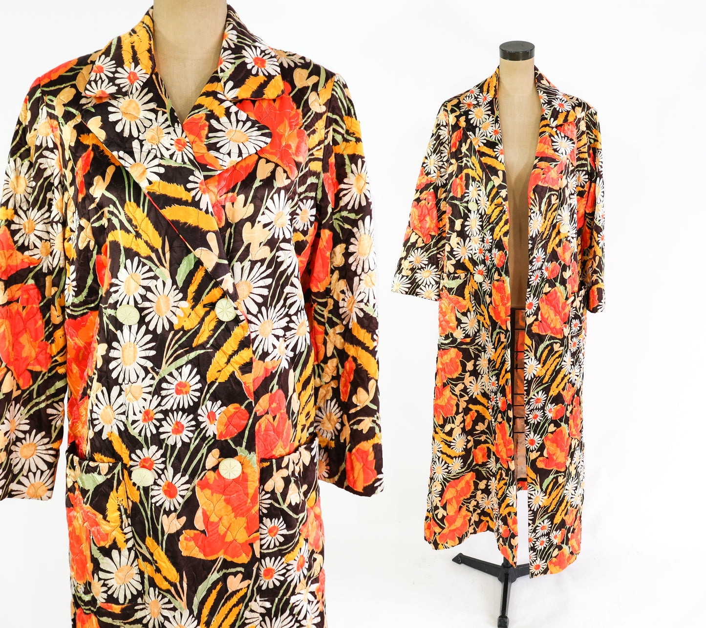 1960s Orange Floral Quilted Robe, Medium