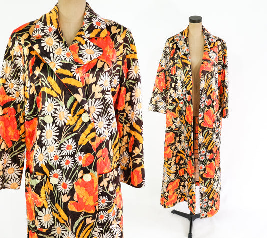 1960s Orange Floral Quilted Robe, Medium