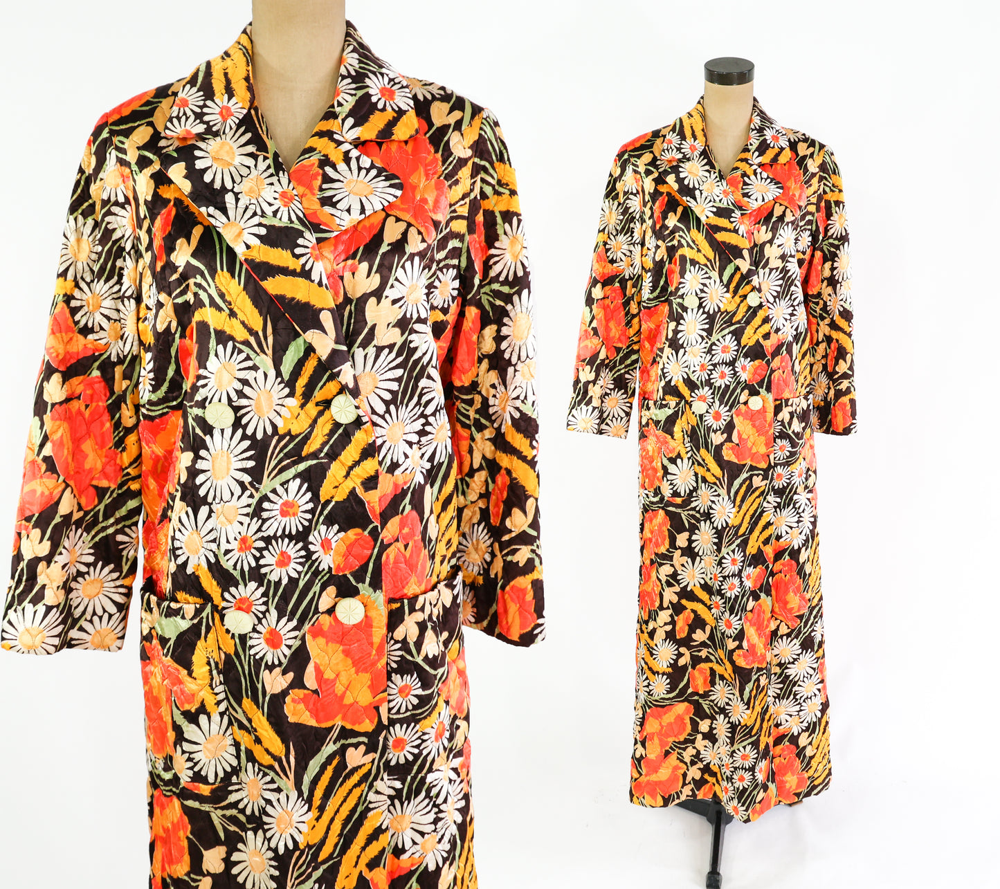 1960s Orange Floral Quilted Robe, Medium