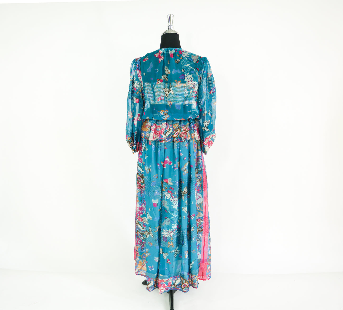 Vintage Soo Yung Lee Outfit 1970s Turquoise Butterfly Print Silk Top & Skirt Set Ensemble, Extra Small