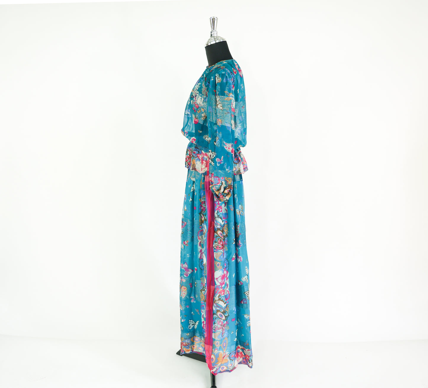 Vintage Soo Yung Lee Outfit 1970s Turquoise Butterfly Print Silk Top & Skirt Set Ensemble, Extra Small