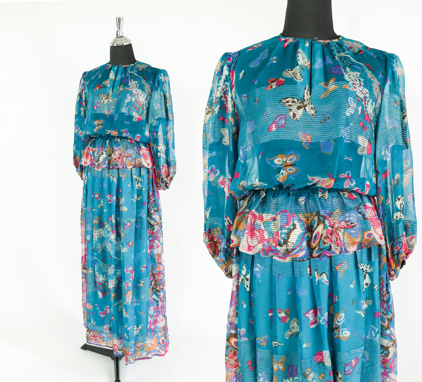 Vintage Soo Yung Lee Outfit 1970s Turquoise Butterfly Print Silk Top & Skirt Set Ensemble, Extra Small