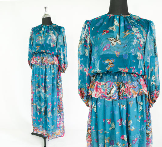 Vintage Soo Yung Lee Outfit 1970s Turquoise Butterfly Print Silk Top & Skirt Set Ensemble, Extra Small