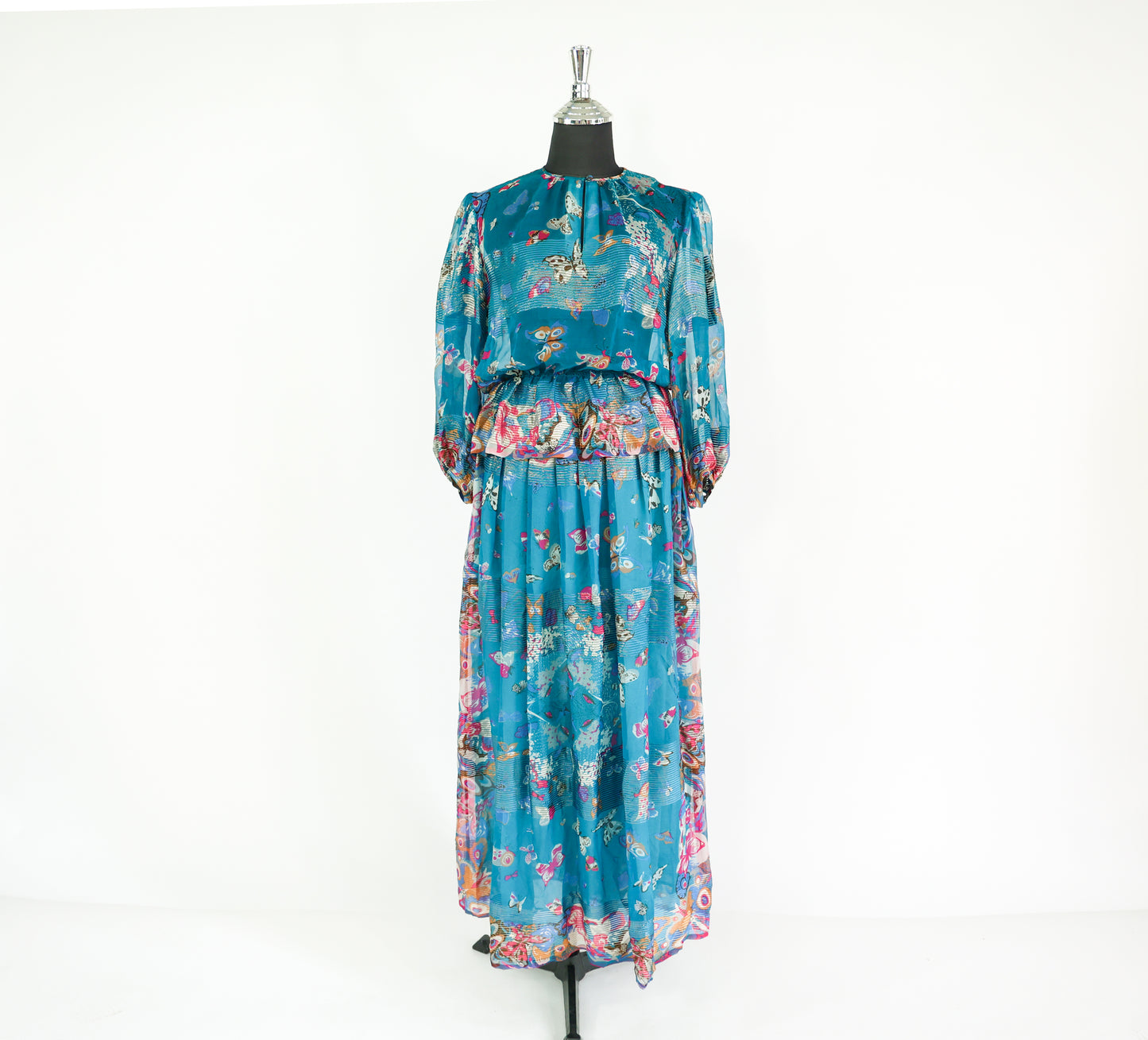 Vintage Soo Yung Lee Outfit 1970s Turquoise Butterfly Print Silk Top & Skirt Set Ensemble, Extra Small