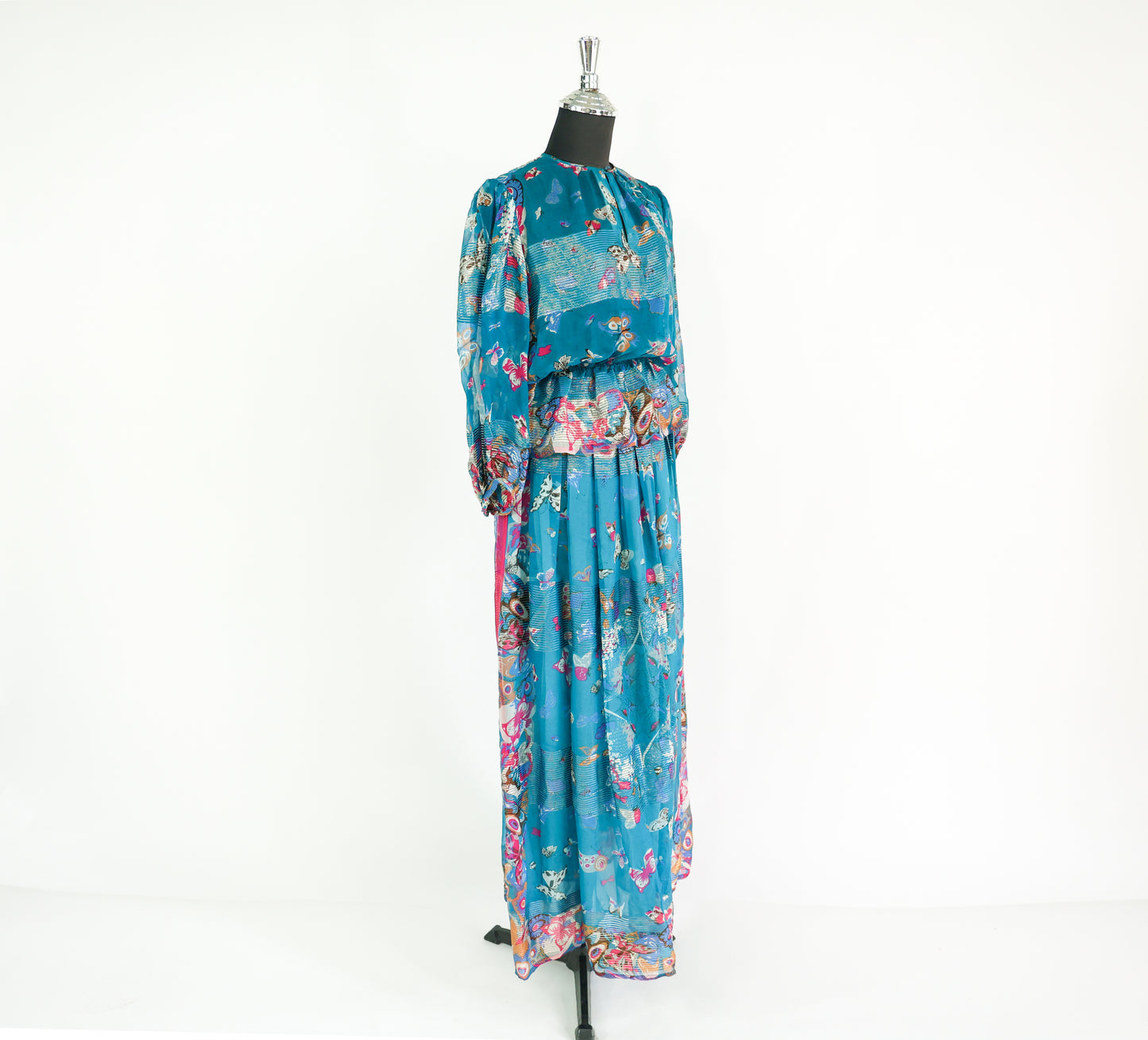 Vintage Soo Yung Lee Outfit 1970s Turquoise Butterfly Print Silk Top & Skirt Set Ensemble, Extra Small