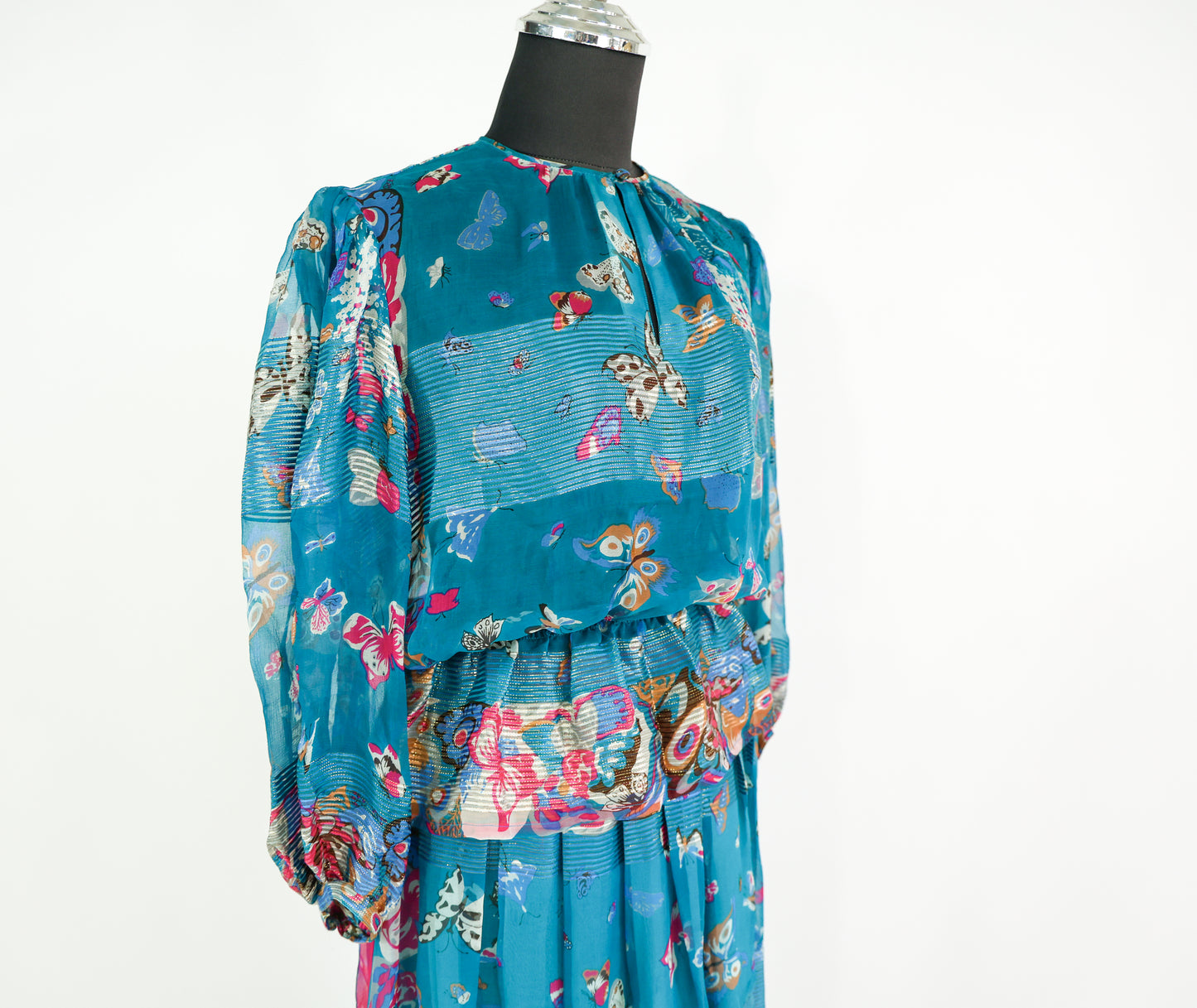 Vintage Soo Yung Lee Outfit 1970s Turquoise Butterfly Print Silk Top & Skirt Set Ensemble, Extra Small