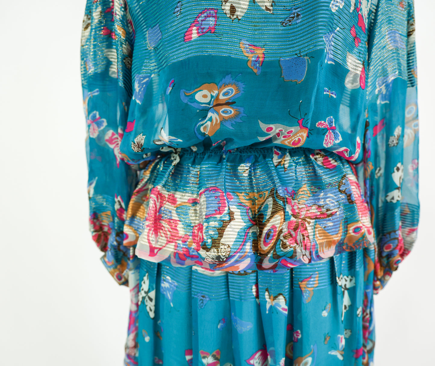 Vintage Soo Yung Lee Outfit 1970s Turquoise Butterfly Print Silk Top & Skirt Set Ensemble, Extra Small