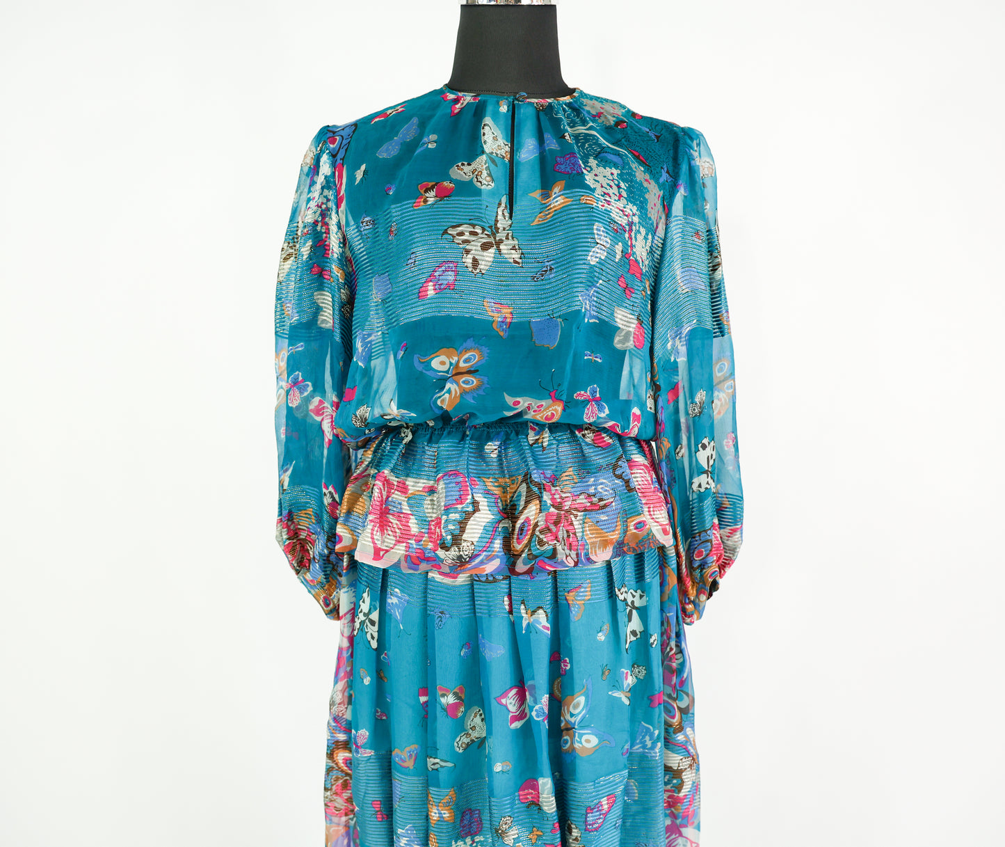 Vintage Soo Yung Lee Outfit 1970s Turquoise Butterfly Print Silk Top & Skirt Set Ensemble, Extra Small