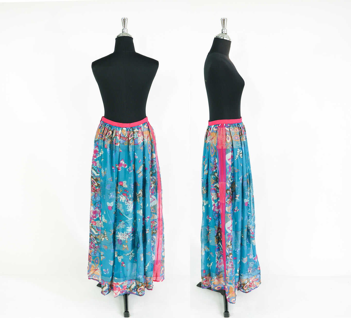 Vintage Soo Yung Lee Outfit 1970s Turquoise Butterfly Print Silk Top & Skirt Set Ensemble, Extra Small