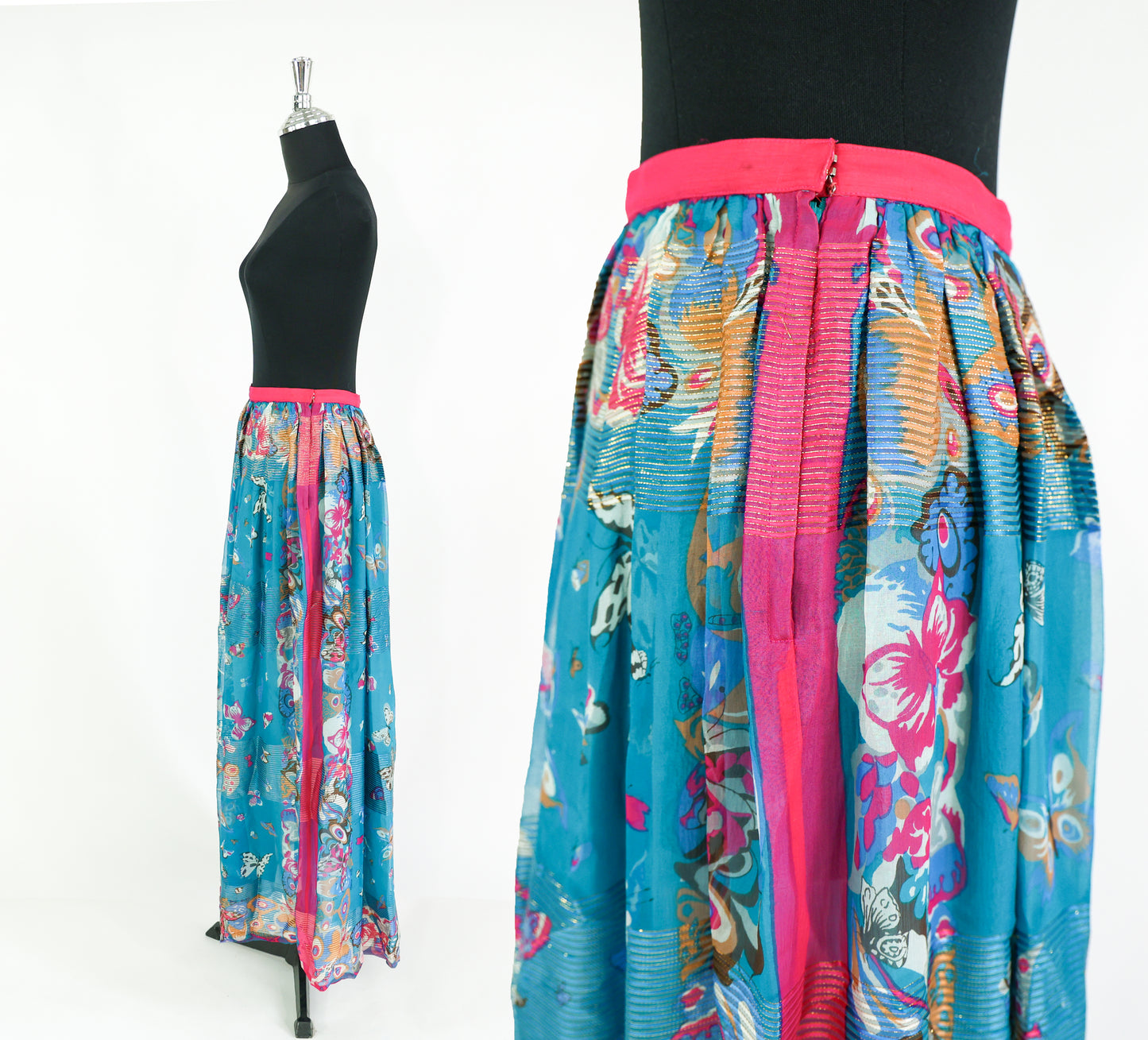 Vintage Soo Yung Lee Outfit 1970s Turquoise Butterfly Print Silk Top & Skirt Set Ensemble, Extra Small