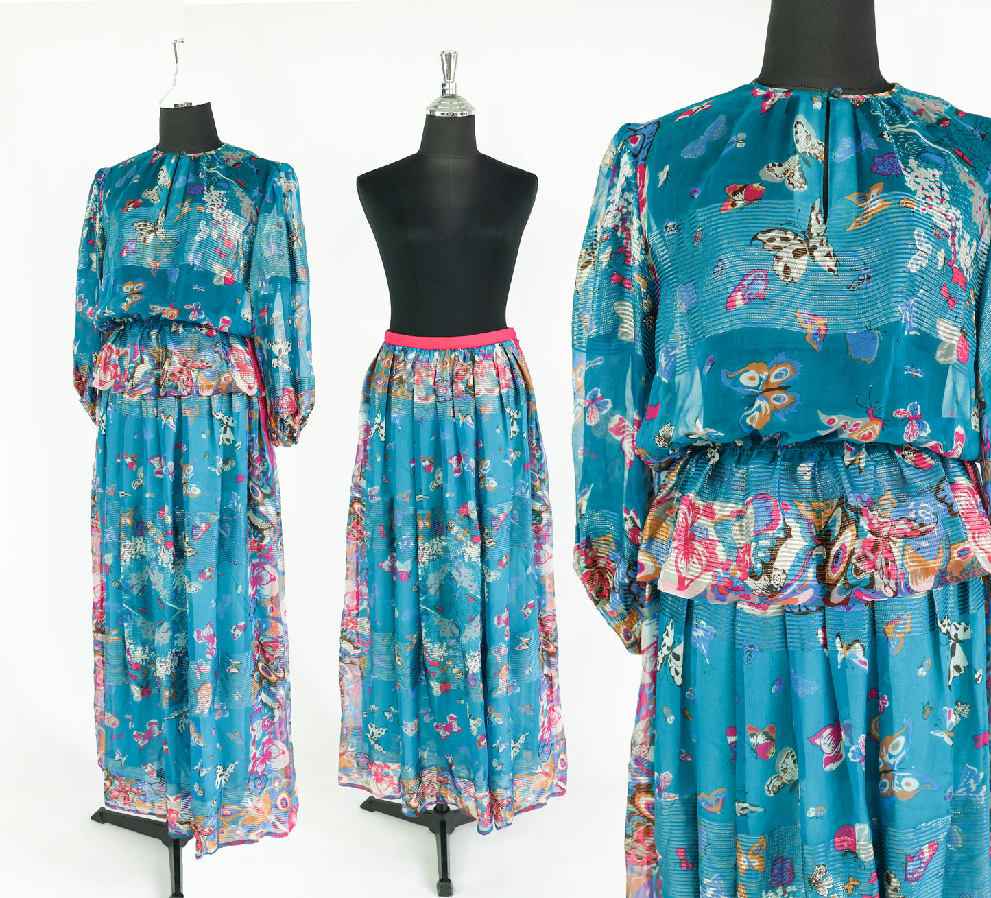Vintage Soo Yung Lee Outfit 1970s Turquoise Butterfly Print Silk Top & Skirt Set Ensemble, Extra Small