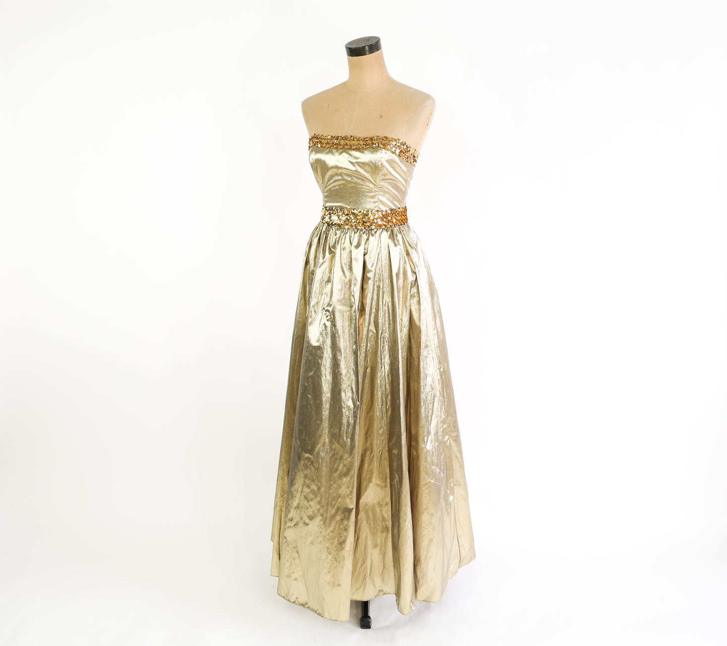 1980s Metallic Gold Prom Dress | Strapless Sequin Party Dress