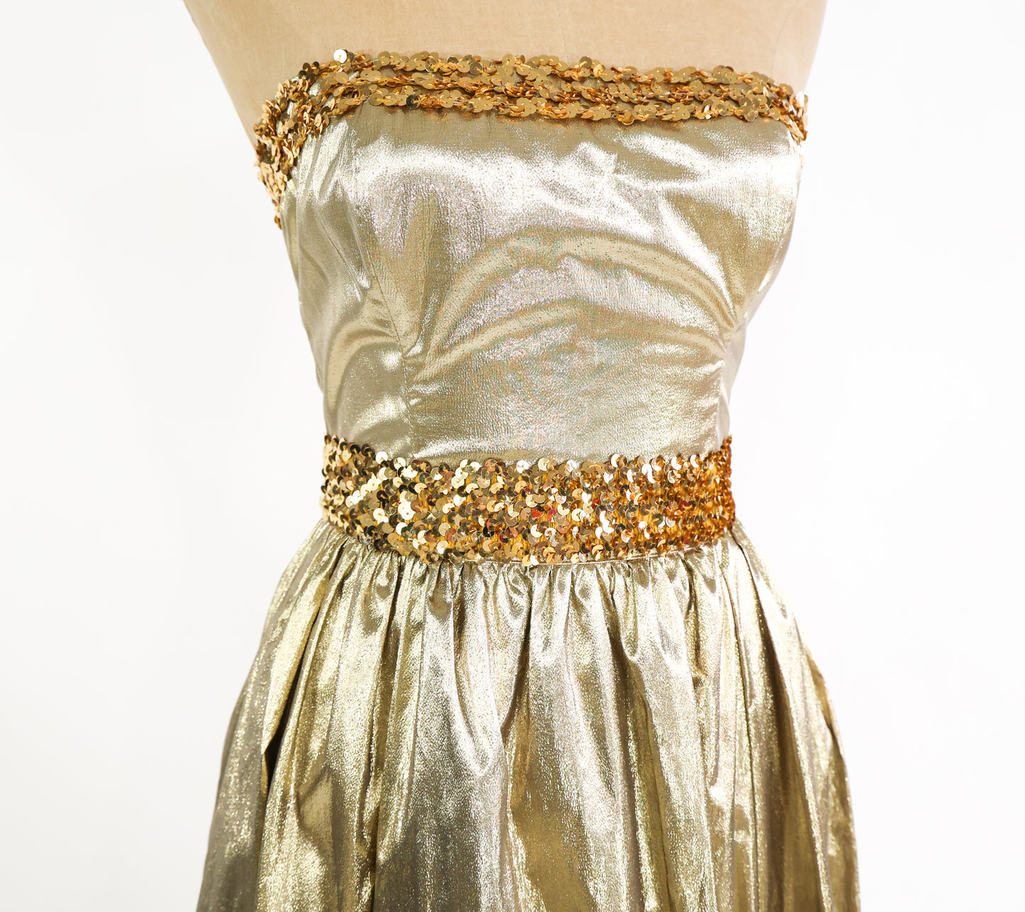 1980s Metallic Gold Prom Dress | Strapless Sequin Party Dress