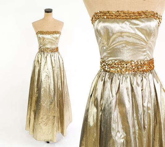 1980s Metallic Gold Prom Dress | Strapless Sequin Party Dress