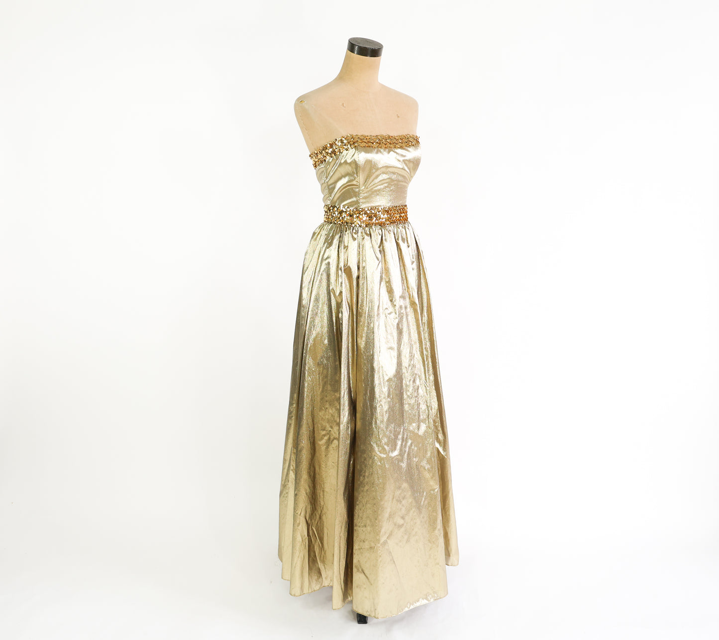1980s Metallic Gold Prom Dress | Strapless Sequin Party Dress