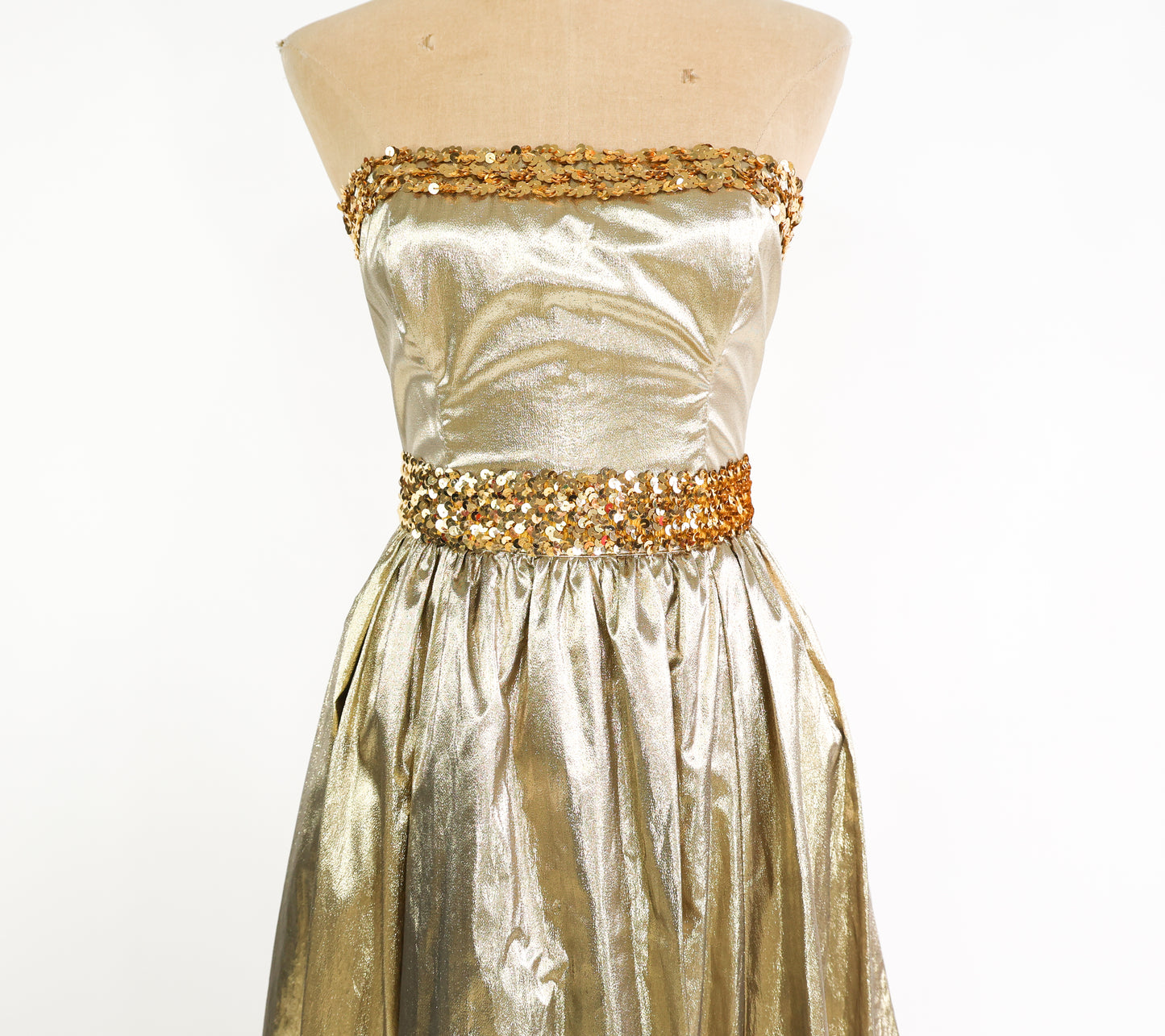 1980s Metallic Gold Prom Dress | Strapless Sequin Party Dress