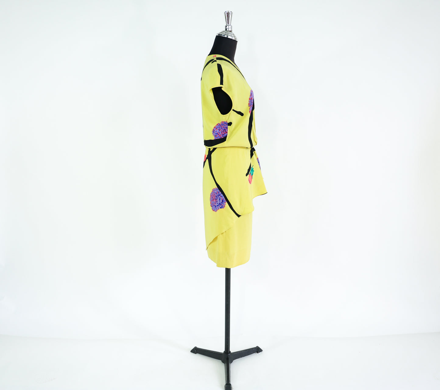 1980s Valentino Yellow Silk Dress, Medium, Peplum Style Dress