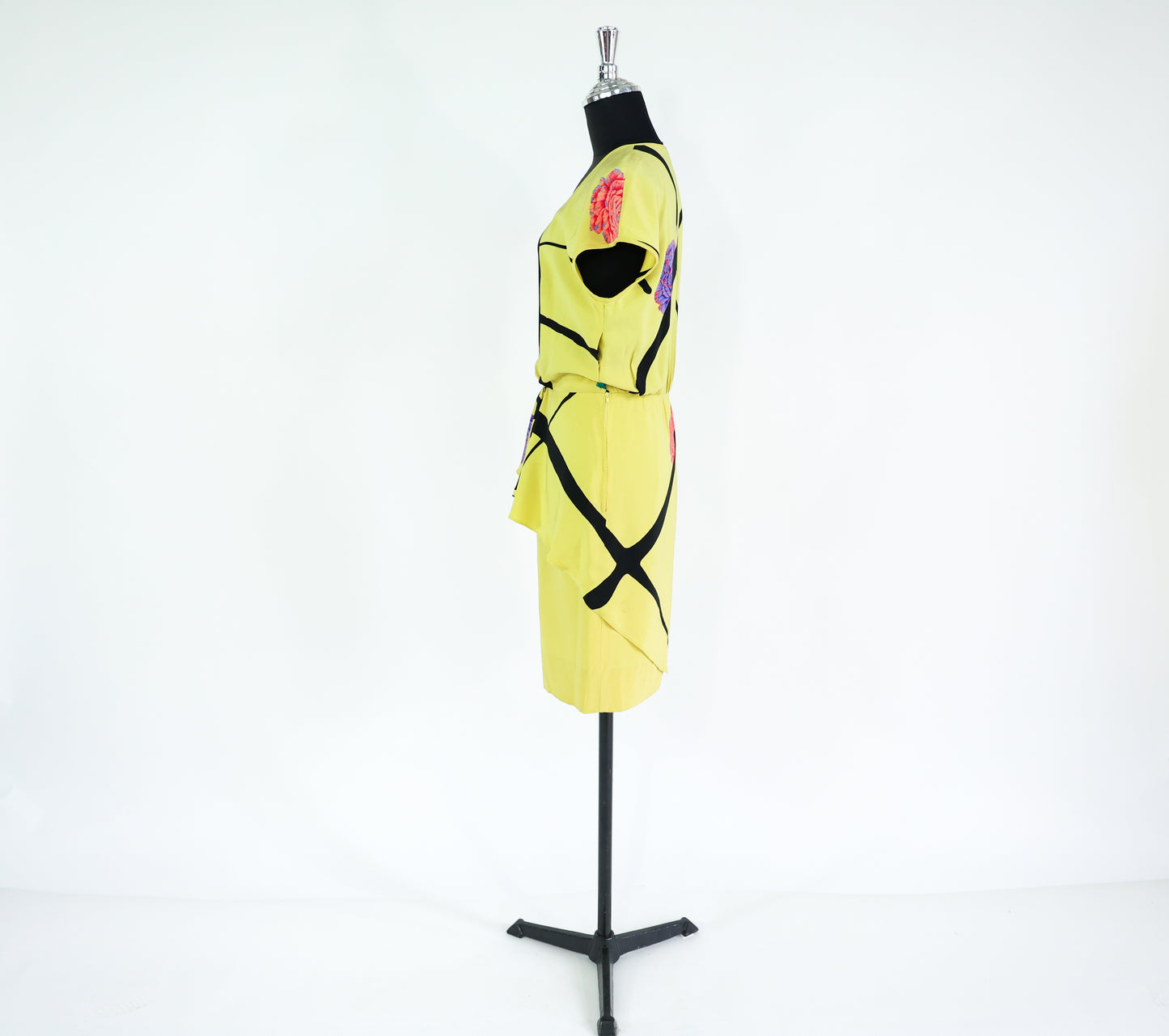 1980s Valentino Yellow Silk Dress, Medium, Peplum Style Dress