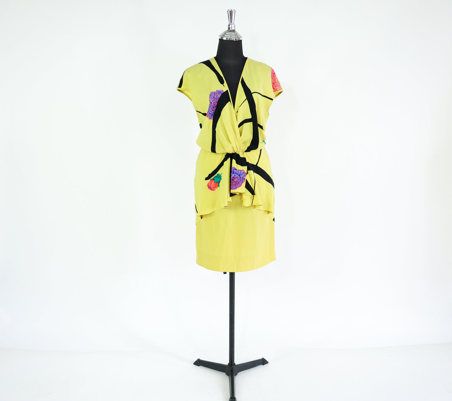 1980s Valentino Yellow Silk Dress, Medium, Peplum Style Dress