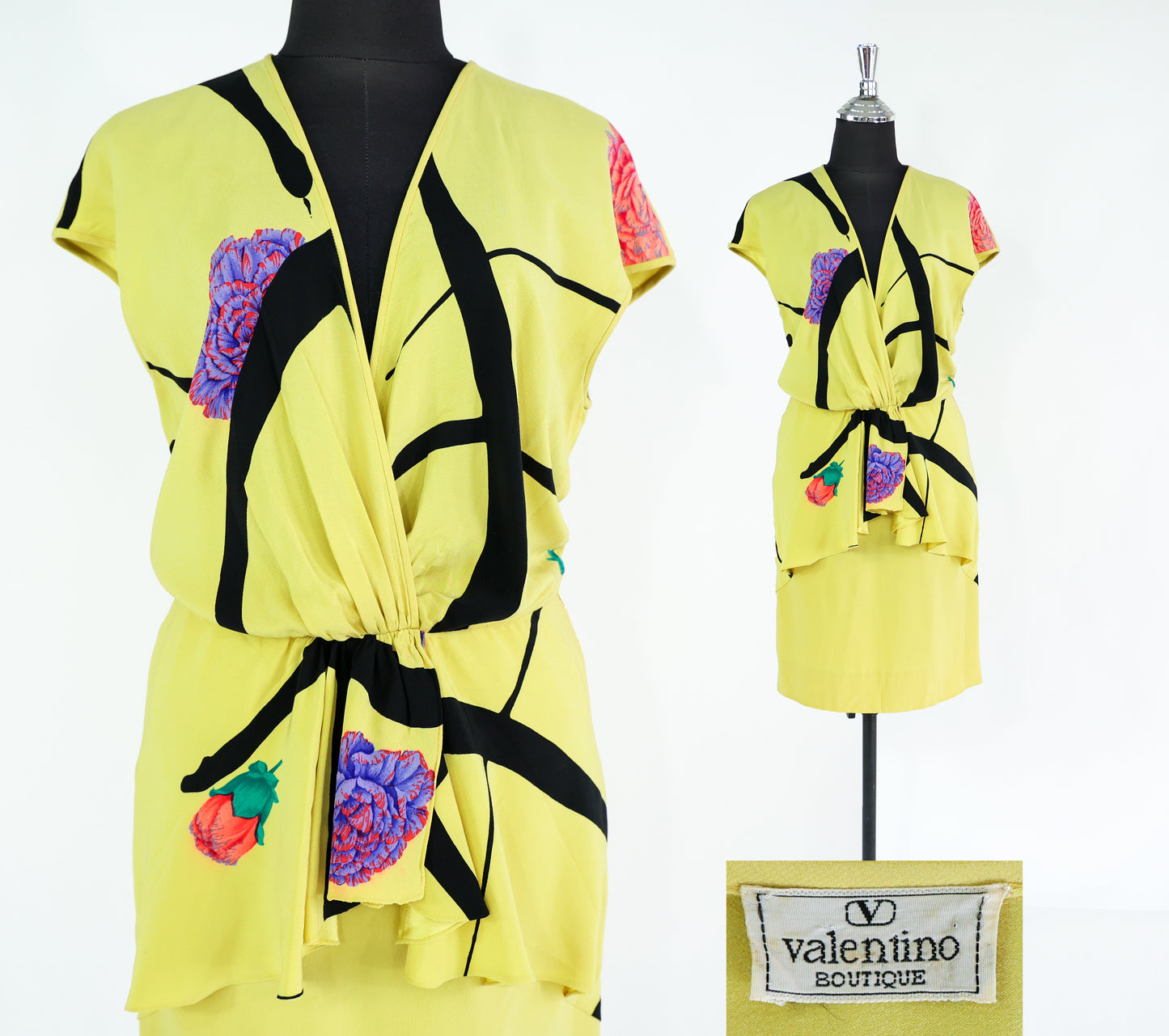 1980s Valentino Yellow Silk Dress, Medium, Peplum Style Dress