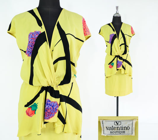 1980s Valentino Yellow Silk Dress, Medium, Peplum Style Dress
