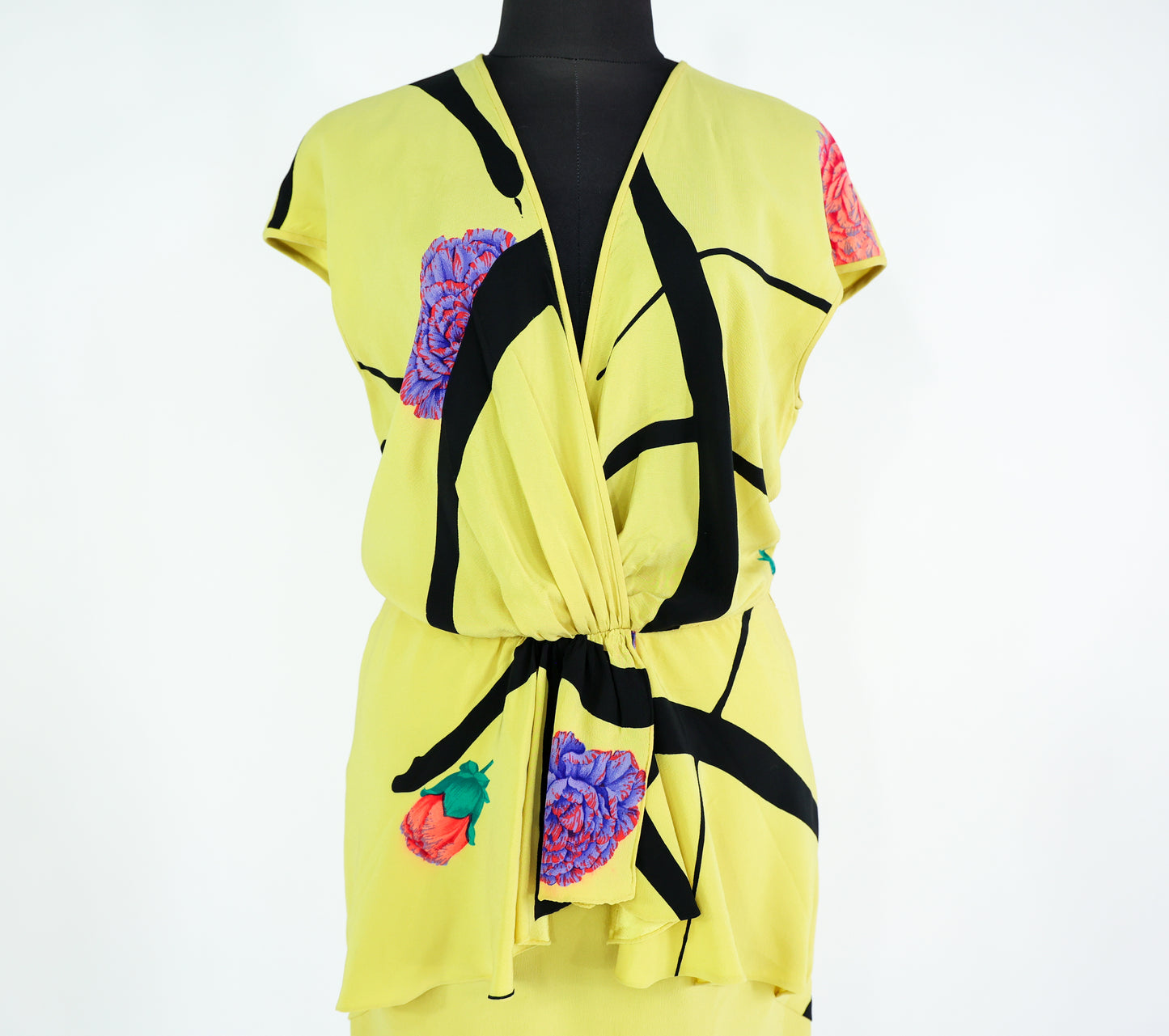 1980s Valentino Yellow Silk Dress, Medium, Peplum Style Dress