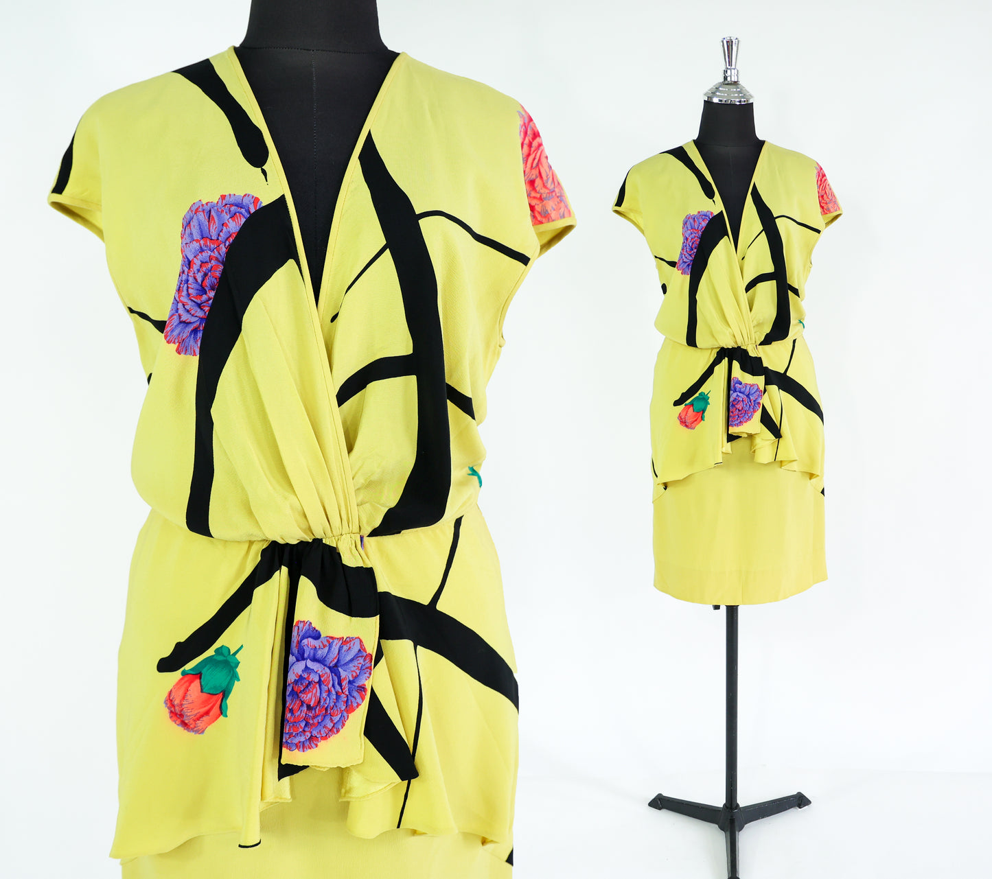 1980s Valentino Yellow Silk Dress, Medium, Peplum Style Dress