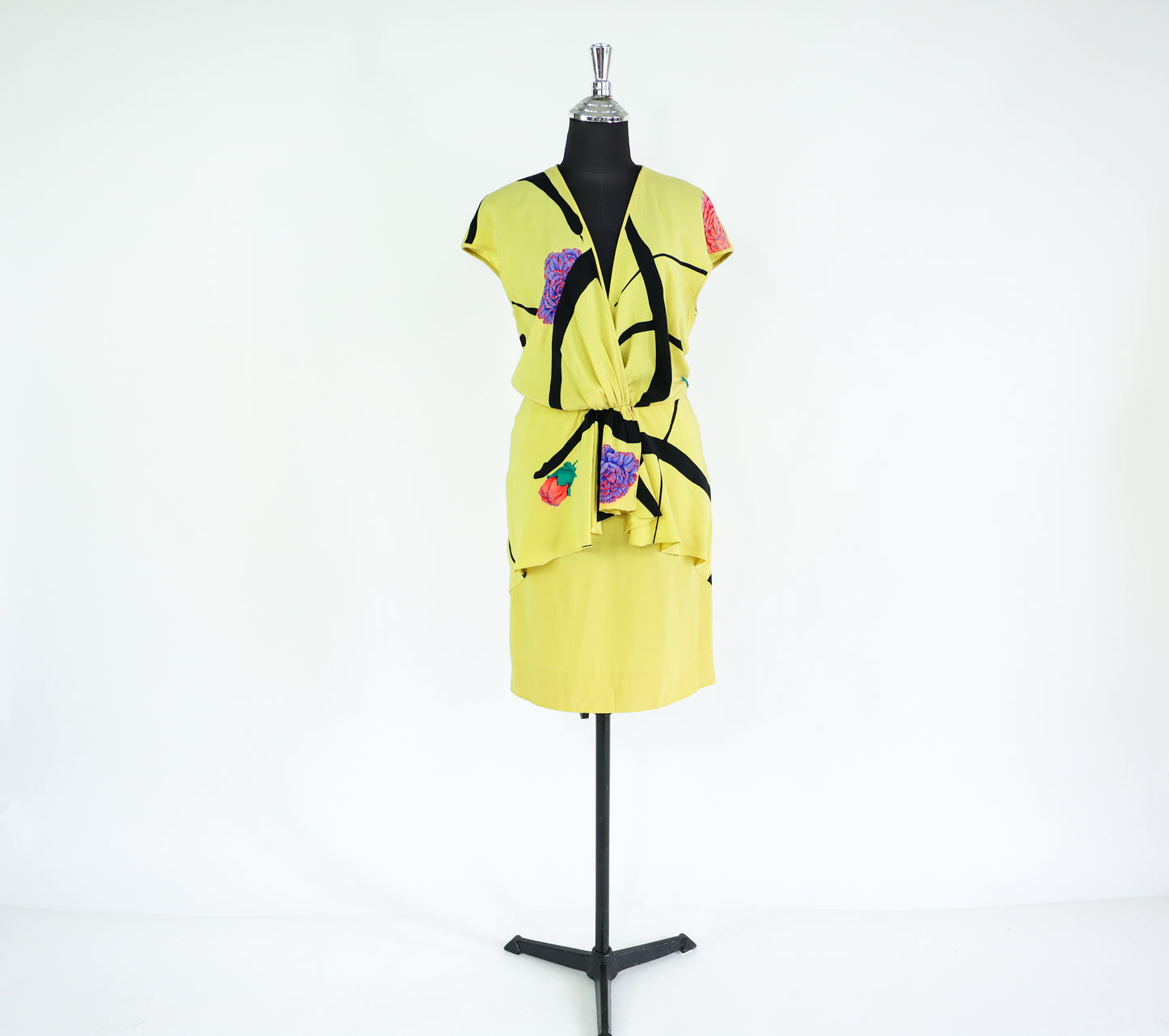 1980s Valentino Yellow Silk Dress, Medium, Peplum Style Dress