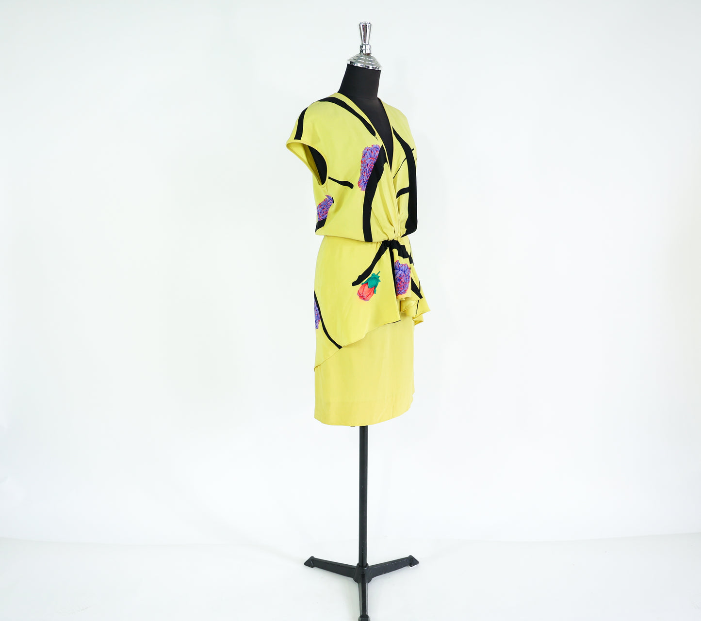1980s Valentino Yellow Silk Dress, Medium, Peplum Style Dress