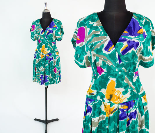 1980s Turquoise Print Mini Summer Dress, Small
